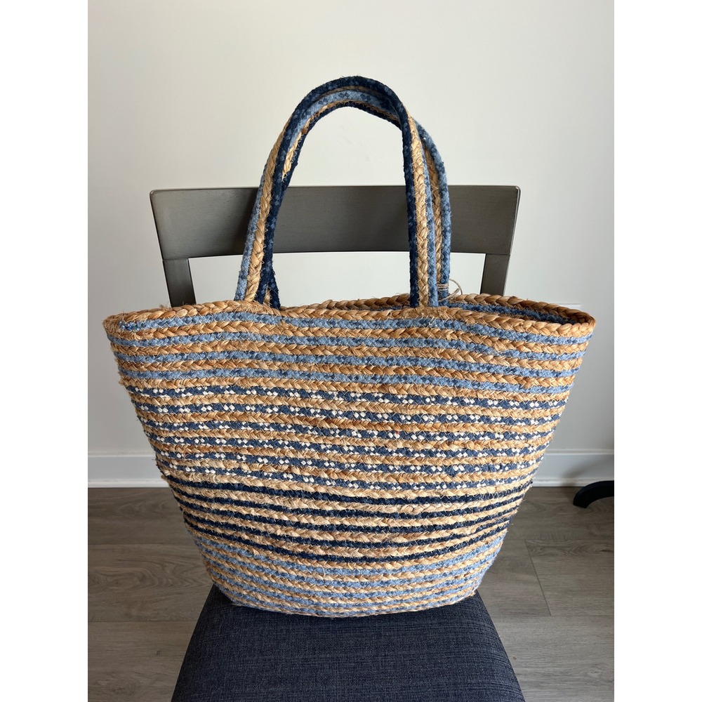 Nalini C&C California Home Blue Striped Braided Jute Tote Bag with Pom Poms NWT - Picture 5 of 7